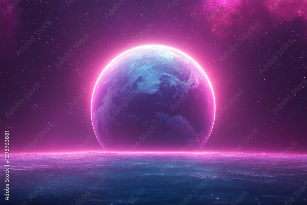 Aufkleber planet earth glowing in space with purple and blue gradient color scheme