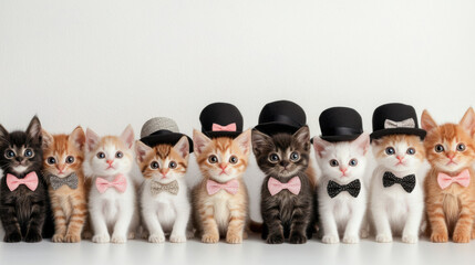 A group of thirty cute kittens wearing tiny bow ties and hats