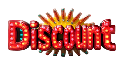 Illuminated Discount Sign with Retro Bulbs Against a Dark Background