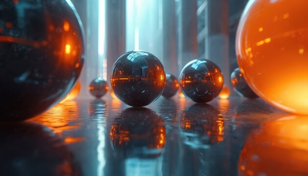 Abstract futuristic scene with floating chrome orbs, smooth reflective surface. Metallic spheres with glossy fluid wet texture in modern geometric light interior design. Sci-fi conceptual surreal
