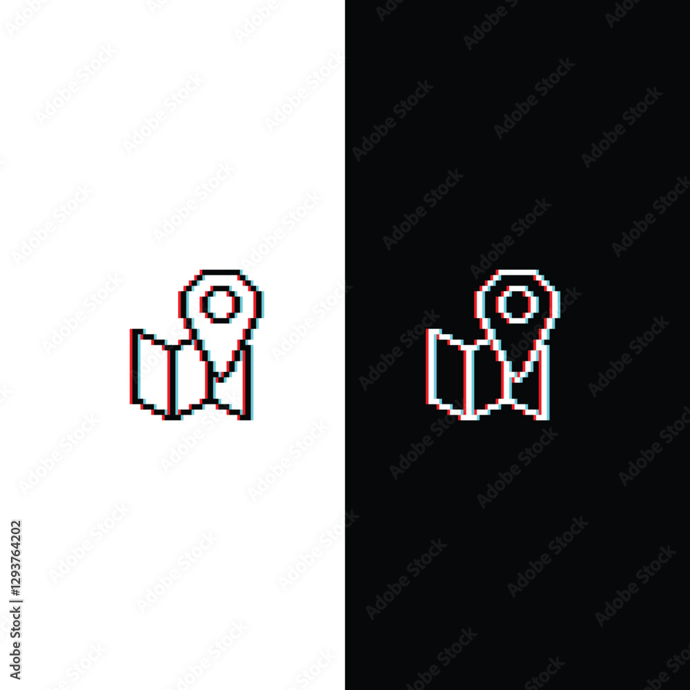 Poster glitch effect pixel map pointer icon. vector pixel art gps cartography map 8 bit logo for game