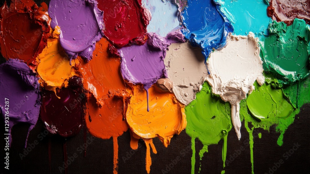 Poster vibrant paint mixing event art studio color palette display creative environment close-up viewpoint 