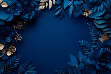 Naklejka premium Elegant deep blue floral background with golden leaves. A sophisticated decorative arrangement with intricate handcrafted details, perfect for luxury branding and design.