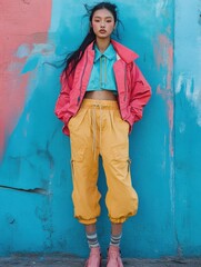 Obraz premium Vibrant Street Style: A model showcasing a pink jacket, blue crop top, and yellow joggers against a colorful graffiti backdrop.