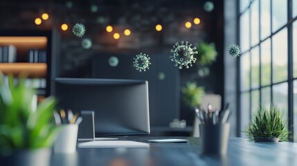 Fototapeta premium Office workspace with floating virus depictions.