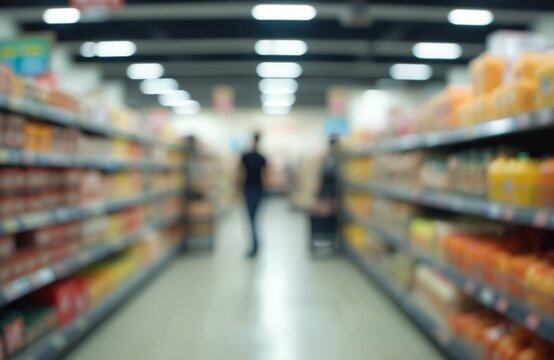 Blurred image of supermarket aisle with people shopping for groceries. Retail store interior with shelves stocked with food products. Abstract shop background, defocused lights. Consumerism concept,