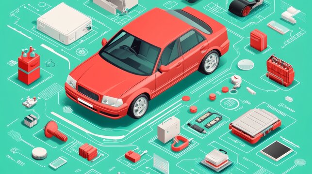 Car maintenance vehicles diagnostics repair service isometric flowchart green and red background poster with battery autolift wheel balancing vector illustration, realistic, real photography