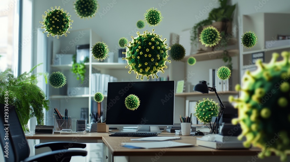 Poster virus particles hover above a home office space.