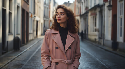 Fototapeta premium Fashionable woman in soft pink coat stands confidently on a quiet street in an urban setting during daylight hours