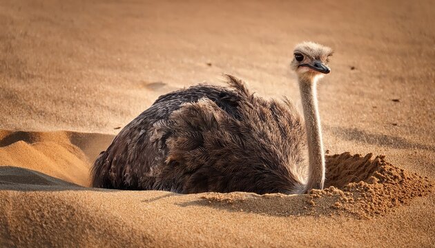 Witty Ostrich Hides Away, Embracing Tranquility Amidst Desert Storm Capturing the Serenity of a Resilient Creature Cocooned in Golden Sandstorm.