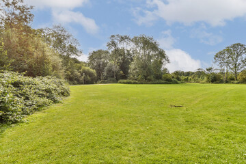 A scenic view of a vibrant green landscape featuring lush grass and a backdrop of flourishing trees under a bright blue sky.