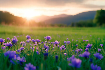 Fototapeta premium A breathtaking sunset over an untouched wildflower field. The combination of soft hues, rolling hills, and glowing sunbeams captures pure natural beauty.