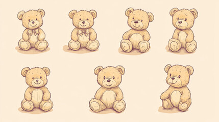 Fototapeta premium A charming collection of illustrated teddy bears, designed in a soft and sketchy hand-drawn style, each bear slightly unique with different expressions and cozy clothing