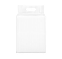 Realistic stand bag with hole handle mockup. Front  view. Vector illustration isolated on white background. Suite for the presentation of changing mats, diapers, wet wipes, pants.EPS10.