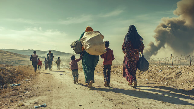 A group of refugees fleeing a war-torn city, carrying their belongings, children clinging to their parents, with smoke rising in the distance, capturing the desperation and chaos of conflict.