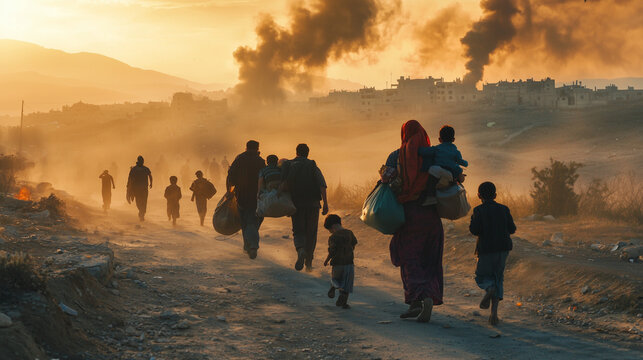 A group of refugees fleeing a war-torn city, carrying their belongings, children clinging to their parents, with smoke rising in the distance, capturing the desperation and chaos of conflict.