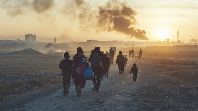 A group of refugees fleeing a war-torn city, carrying their belongings, children clinging to their parents, with smoke rising in the distance, capturing the desperation and chaos of conflict.