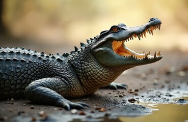 Fototapeta premium Crocodile with open mouth lies in wild. Portrait of dangerous reptile with sharp teeth on nature background. Scaly skin texture of predator. Carnivore hunting. Wildlife close-up.