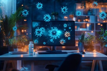 Screen displays viruses above a clean desk.