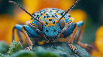 Fototapeta premium Vibrant blue and yellow beetle close-up. Intricate details of its exoskeleton and antennae are visible against a blurred background of yellow flowers.
