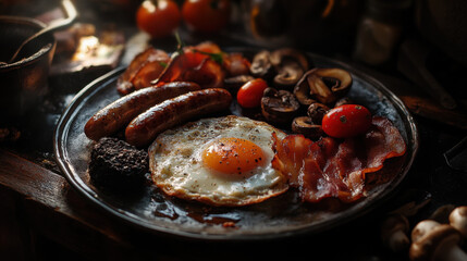 Fototapeta premium A hearty full English breakfast on a ceramic plate,