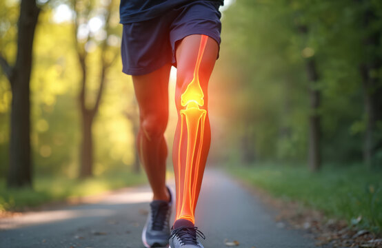 Runner experiences knee pain running outdoor. Highlighted skeleton visualizes joint inflammation during workout. Athlete suffers leg injury, needs physiotherapy, massage, medical assistance. Health