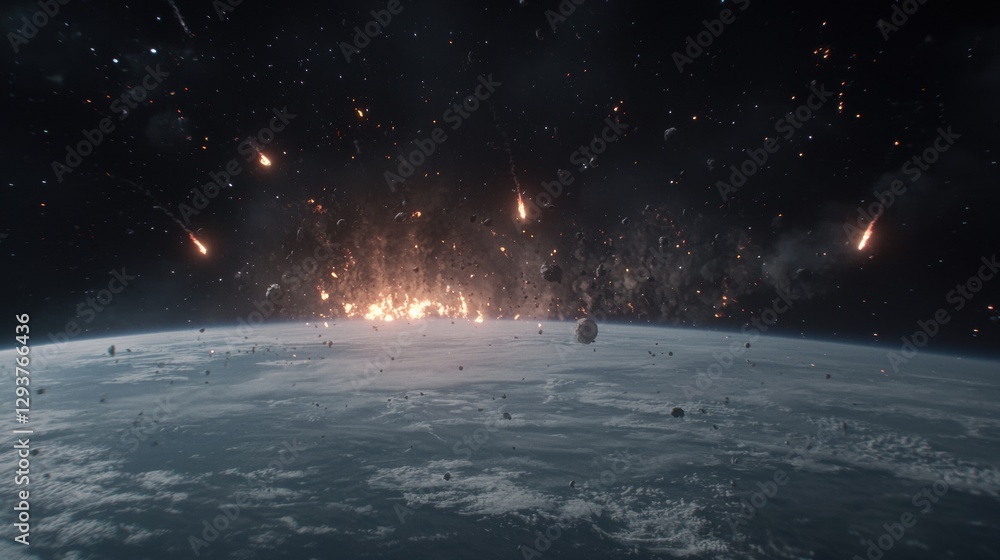 Poster creative representation of planetary explosion with space debris and cosmic background