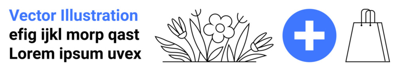 Obraz premium Black outlines of a flower, a blue medical cross, and a shopping bag. Ideal for healthcare, e-commerce, nature, wellness, shopping floral decorations minimalistic design. Landing page