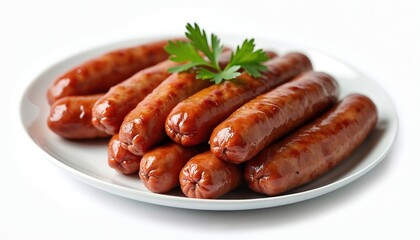 Pile of grilled sausages on white plate, decorated with fresh parsley. Appetizing pork sausages on a light background. Perfect barbecue snack food, catering service food.