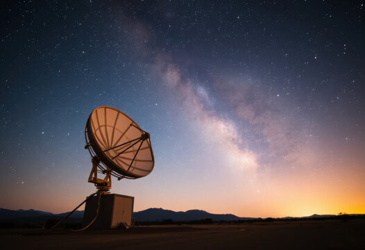 Antena parab&oacute;lica con un hermoso cielo nocturno estrellado
