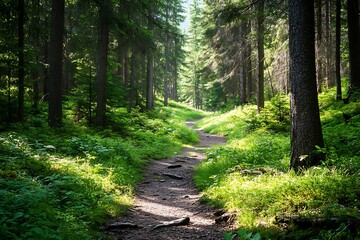 Fototapeta premium lush green trees prospering in a scenic forest of old spruce fir and pine 
