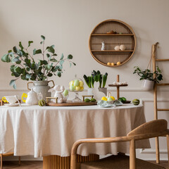 Warm and spring dining room interior with easter accessories, round table, vase with green leaves,...