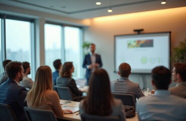 Blurred photo of business presentation in modern conference room. Focused audience listens to speaker. Corporate seminar workshop with interaction, learning opportunities for company employees,