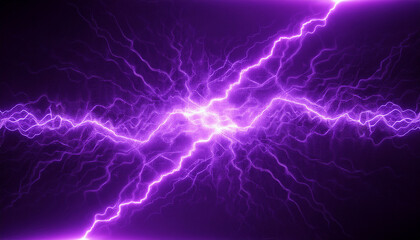 Fototapeta premium Powerful electrical current energy. Flash of lightning in a magic background. Neon purple discharge smoke background effect.