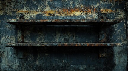 Rusty Metal Shelves on a Weathered Industrial Wall Surface