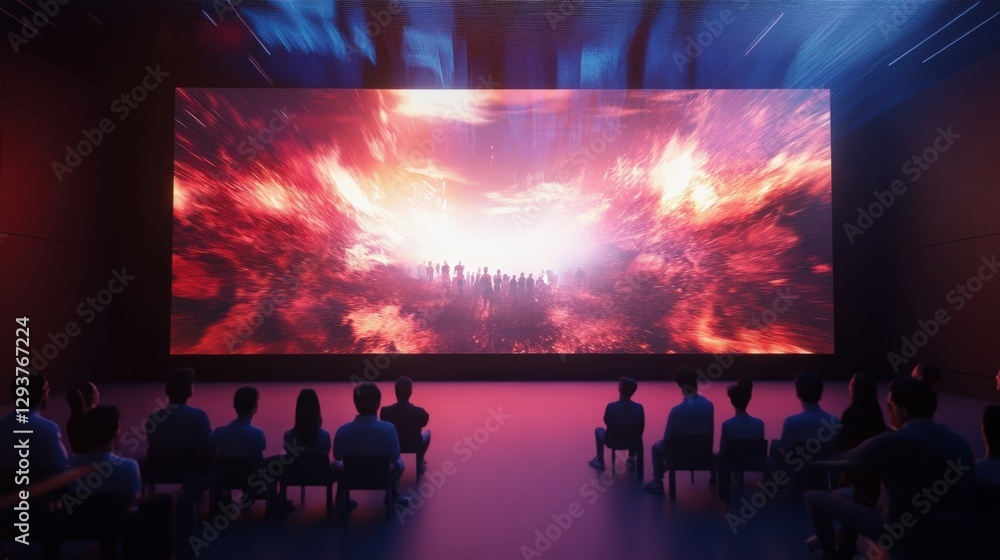 Poster immersing in a futuristic digital environment with an audience watching a large interactive screen d