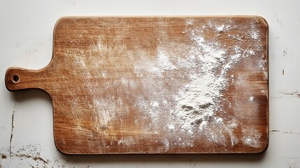 Wooden cutting board covered with flour on a white surface