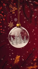 A delicate glass Christmas ornament featuring white snowy trees, hanging against a festive red background with golden stars and pine branches.

