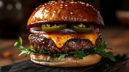 Beautifully styled rustic bison burger photographed professionally in studio, detailed pepper jack cheese melting over a juicy patty, grilled onions, fresh jalapeños, smoky sauce, greens, artisan bun,