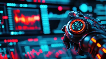 Corporate AI-driven market analysis, futuristic real-time analytics screen with neon-lit UI