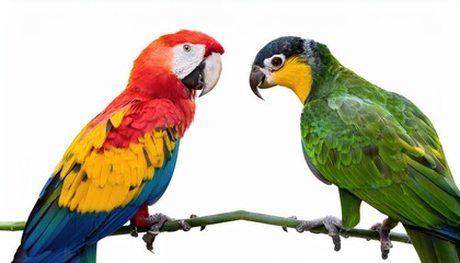 Vividly Colored Tropical Birds Against White Backdrop The Exotic Beauty of Panamas Amazon Rainforest, Showcasing the Striking Contrast between the Panama and Yellowcrowned Amazons in a
