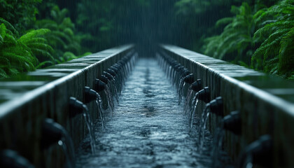 A serene moment as rainwater flows steadily over a wooden structure, surrounded by lush greenery, creating a tranquil atmosphere.