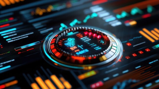 Corporate digital dashboard with holographic business charts, interactive technology-driven financial display