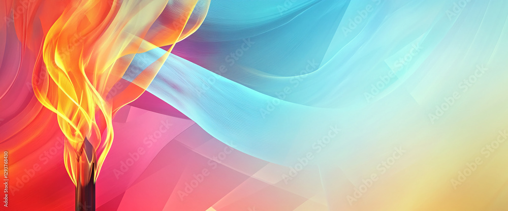 Poster colorful abstract composition with flowing flames in yellow, orange, and red transitioning into soft