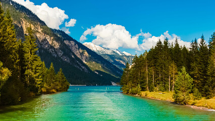 Alpine summer view at Lake Heiterwanger See, Heiterwang, Reutte, Tyrol, Austria