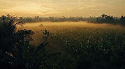 Obraz premium Serene Morning Landscape with Mist Over Expansive Green Field