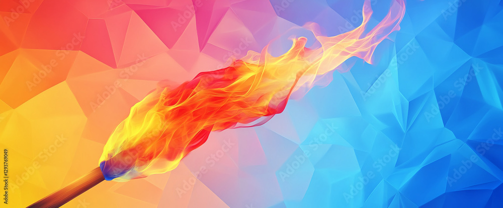 Poster abstract digital image featuring bright, fiery orange and yellow flames blending into cool blue tone