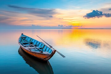 Naklejka premium Serene sunset over calm waters, highlighting colorful wooden boa