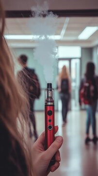 Close-up of a red vape held by a student in a school hallway with peers walking in the background