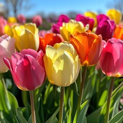 Vibrant tulips in a sunny garden bed